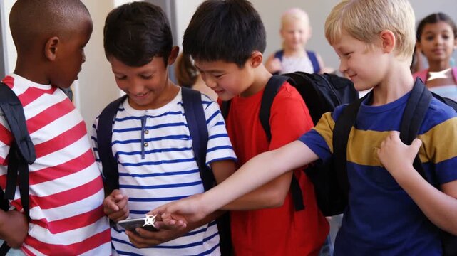 Central boy tapping phone and peers leaning in, sharing clip in school hall, cyan bursts animating