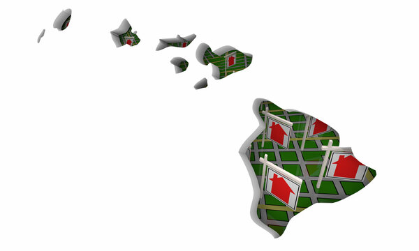 Hawaii HI State Real Estate Market Homes Houses For Sale Signs Map Move Relocate 3d Illustration