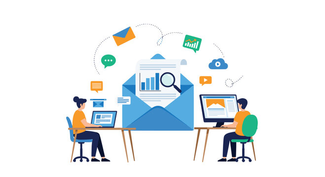 Two professionals sit at desks and analyze business data displayed on a large document emerging from a central envelope icon while surrounded by digital marketing symbols.