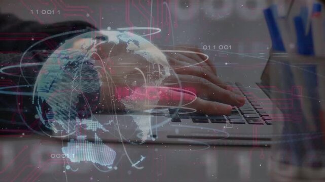 Man hands resting causing globe, typing while bits orbiting keys, HACKED pulsing, security forming