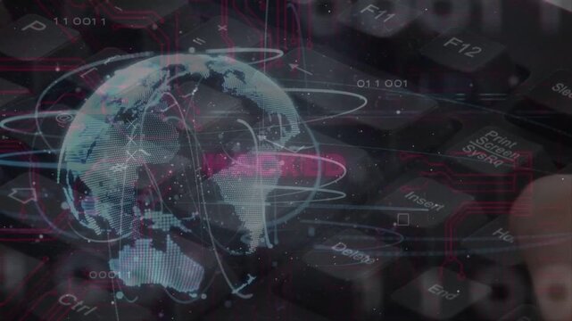 Right hand pressing F11-F12 keys causing 3D globe and pulsing HACKED label, signaling breach