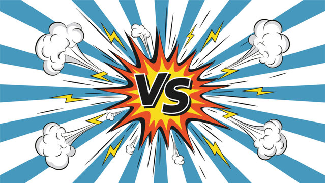 Classic comic book style vs battle screen with a central starburst, lightning bolts, smoke clouds, and blue radial stripes background.