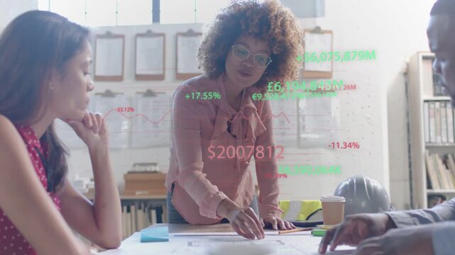Center woman standing over plans pointing reviewing finance while floating metrics showing values