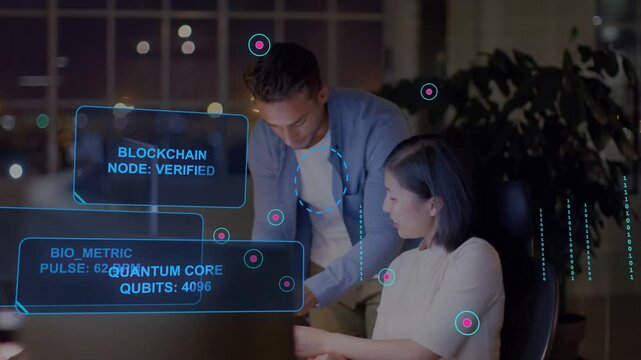 Man leaning and woman typing at keyboard, generating blockchain HUDs and pulse nodes over monitor