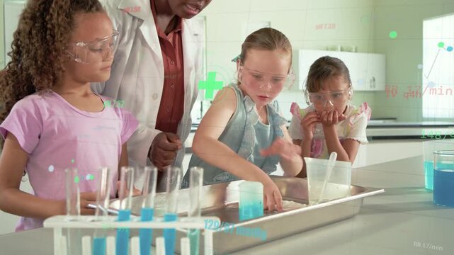 Center girl dipping blue liquid, instructor guiding hand, overlays annotating science experiment