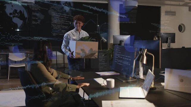 Office woman typing as man entering carrying box animated plant icon marking she leading man away
