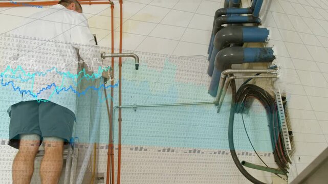 Tech climbing ladder adjusting plumbing valve for service with waveform floating across lower half