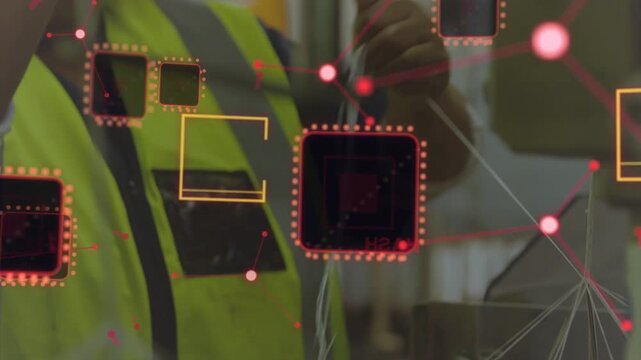 Technician approaching bench and wiring for QC while factory overlay mapping nodes over cells