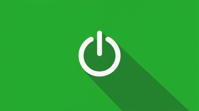 Modern Power On Off Vector Symbol, Flat Design Style, Centered on a Bright Green Screen Background with a Sleek Long Shadow, for Interface Controls