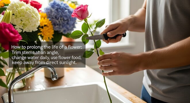 Hands trim a rose stem by a sink, surrounded by a vibrant floral arrangement