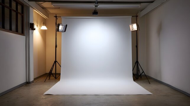 Professional studio setup featuring a seamless white backdrop illuminated by adjustable strobe lighting equipment