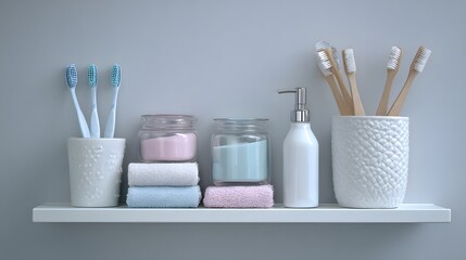 Naklejka premium A neatly organized bathroom shelf featuring pastel-colored towels, glass containers, and dental hygiene products, creating a serene and stylish ambiance for personal care.
