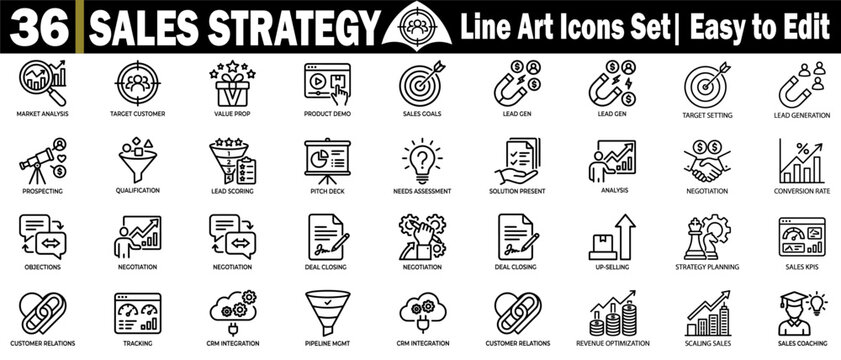 Sales strategy icons for business planning, marketing operations, and team process management.