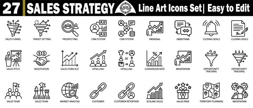 Sales strategy icons for business operations, market analysis, and professional team coaching.