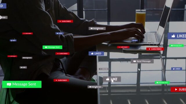 Woman typing on laptop sending message while social badges growing obscuring reflecting then fading