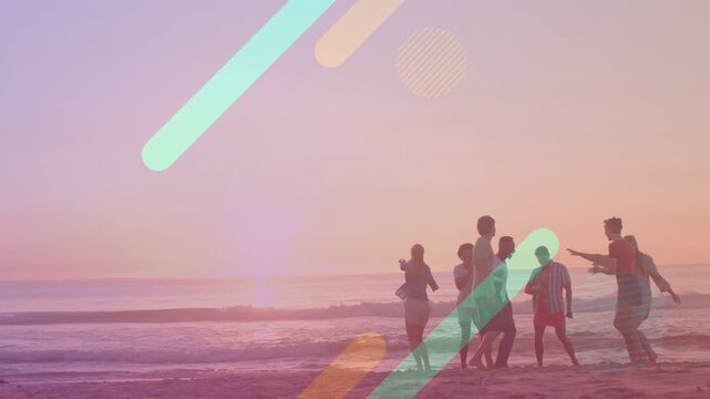 Friends stepping toward water at sunset for travel, colorful graphics sweeping across silhouettes