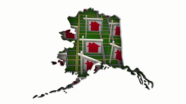 Alaska AK State Real Estate Market Homes Houses For Sale Signs Map Move Relocate 3d Animation