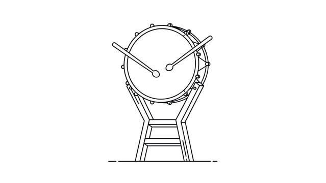 Japanese traditional percussion instrument taiko drum on a wooden stand with two drumsticks in minimalist black line art style.