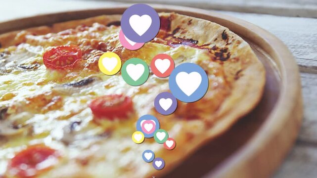 Heart icons popping above cheese pizza on wooden board, growing, rising, overlapping, showing likes