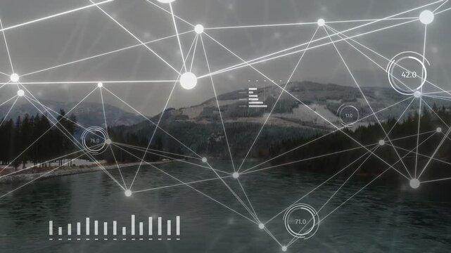 Faint nodes appearing, network mesh growing across lake, HUD gauges pulsing and showing data
