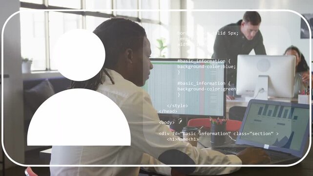 Office woman typing and pausing, animated avatar fading in and code overlay revealing resume for HR