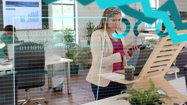 Woman adjusting phone at standing desk, initiating business % line overlays, calling peer reviewing