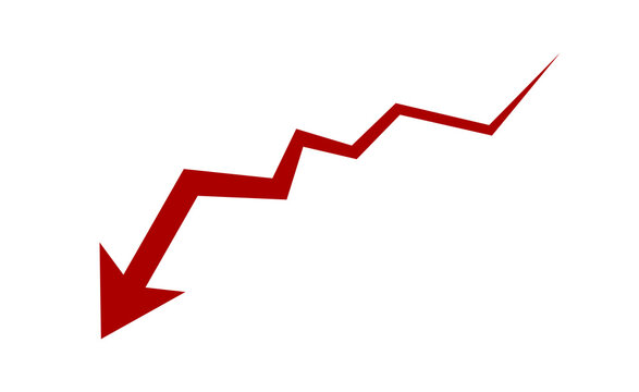 Zigzag downward arrow symbol. Red declining trend indicator. Falling graph direction icon