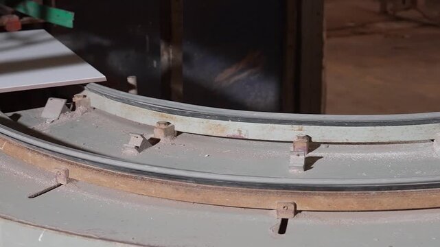 Close up ceramic tile on conveyor belt in factory