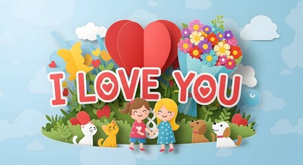 Fototapeta premium Paper craft of two young girls with a cat and a dog standing in front of a large red heart and flower bouquet
