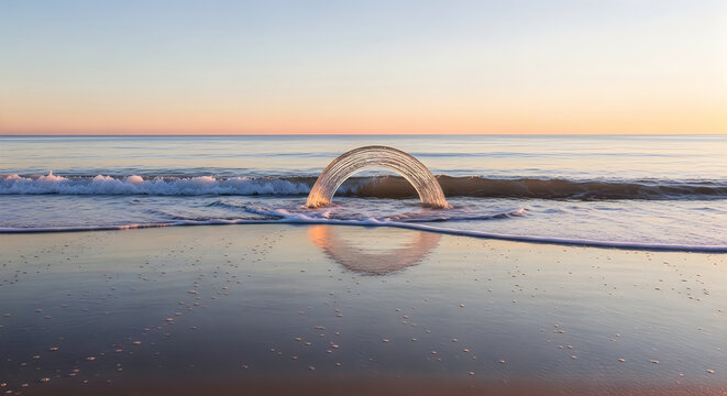 Serene coastal landscape featuring a stone archway at the water's edge during sunset