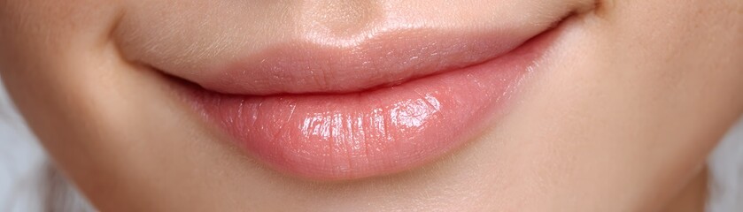 Fototapeta premium Close-up of beautifully contoured lips with a natural gloss, showcasing a hint of color and health. A perfect representation of beauty and self-care in a modern lifestyle.