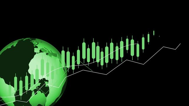 Global market candlestick trend animation, Earth globe on left with ascending blue candlestick stock chart