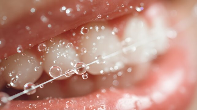 Close-up of teeth being cleaned with dental floss, highlighting oral hygiene. Bubbles and moisture accentuate the importance of keeping teeth healthy and free from plaque.