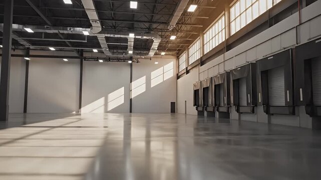 Spacious Empty Warehouse Interior with Loading Bays - This video showcases a vast, empty warehouse interior, illuminated by natural light streaming through large windows.