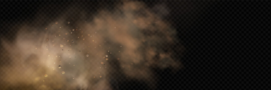 Flying dust and sand storm cloud effect background with brown dirt particles, smoky powder explosion and textured desert overlay.