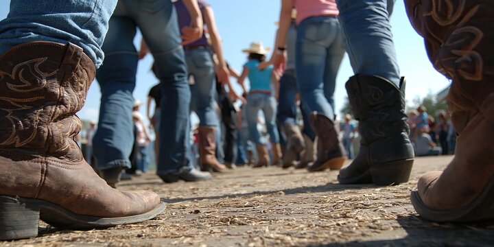country western line dancing concept with cowfolk moving in unison to the music