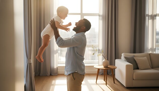 Happy black father lifting child up in a bright sunlit living room for a joyful Children's Day celebration concept representing family bonding and parental love