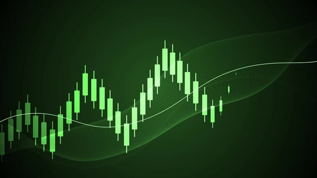 Abstract candlestick trading chart animation, Stylized financial candlestick chart on dark background with flowing wave lines, modern tech aesthetic
