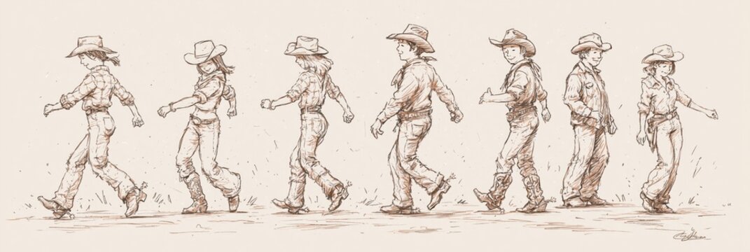country western line dancing concept with cowfolk moving in unison to the music