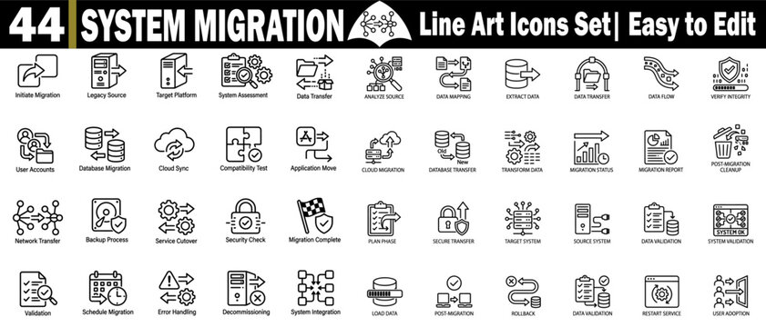 System migration line art icons set. Covering data mapping, extract process source to target platform transfer on a gray transparent grid.