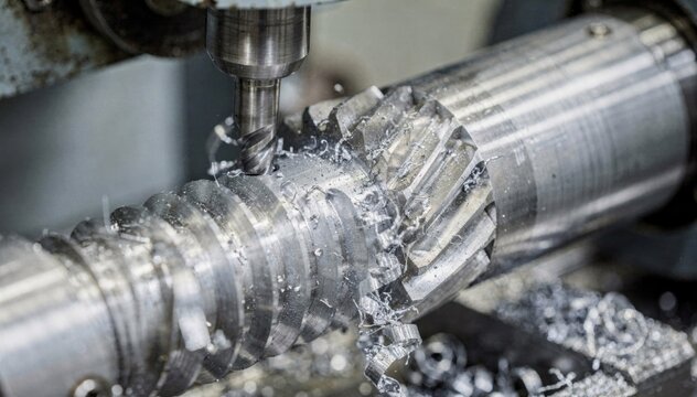 Helical gears undergoing cutting on a hobbing machine with fine spiraled teeth visible and metal shavings highlighting the machining process.