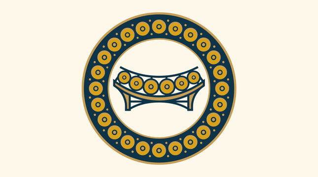 Traditional Southeast Asian String Instrument Illustration within Ornate Circular Frame, in bright studio.