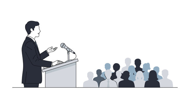 A professional male speaker in a formal dark suit stands behind a podium with a microphone addressing a large crowd of listeners in a flat illustration.