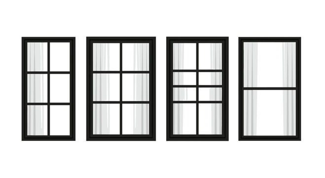 Four distinct architectural black frame window designs feature varied grid layouts and integrated translucent curtain panels presented in a minimalist digital line art illustration