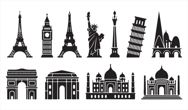 Collection of global landmark icons with famous monuments and architectural symbols, minimalist black silhouette vector set for travel and tourism design