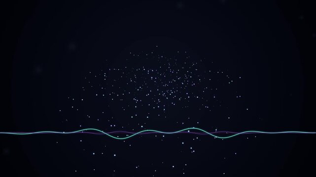 Abstract digital audio waves and glowing particles motion background