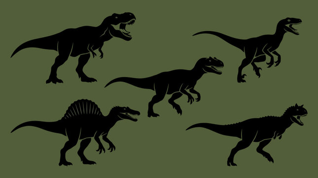 A collection of five distinct dinosaur silhouettes, each showcasing unique anatomical features and poses against a muted green background.