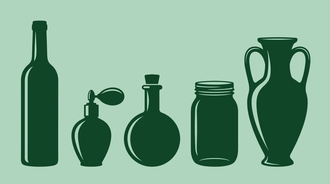 A collection of various glass containers including a wine bottle, perfume bottle, corked bottle, mason jar, and amphora.