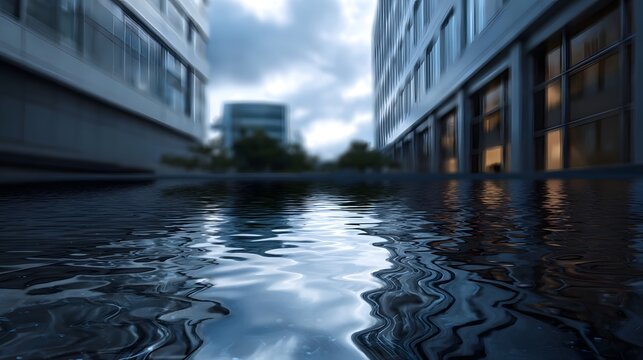 Reflective water surface beneath modern buildings under a cloudy atmospheric sky
