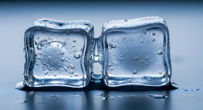 Two clear ice cubes melting on a reflective surface close up shot